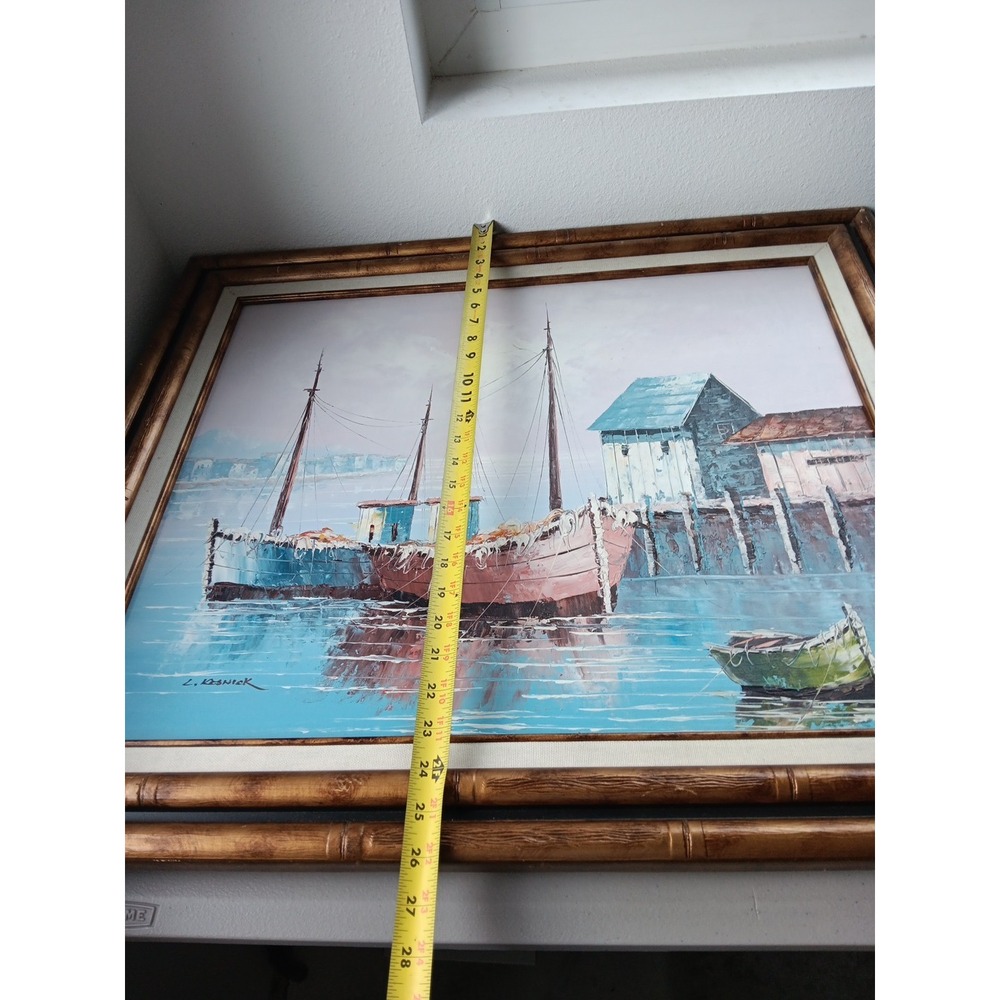 MCM Original KESWICK Oil Painting Fishing Boats in Harbor PINK SKY Calm Nautical - Picture 12 of 12